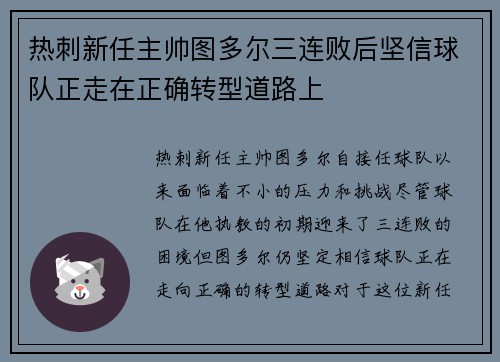 热刺新任主帅图多尔三连败后坚信球队正走在正确转型道路上 热刺新任主帅图多尔三连败后坚信球队正走在正确转型道路上